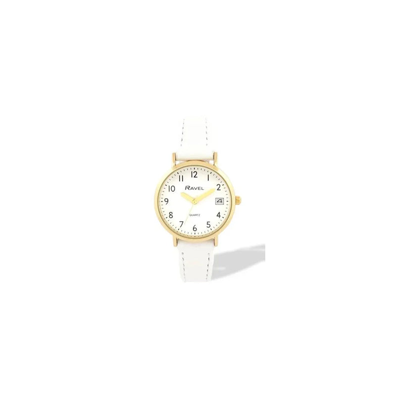 Ravel Ladies Basic Golden case Dated White Dial With White Faux Leather Strap Watch