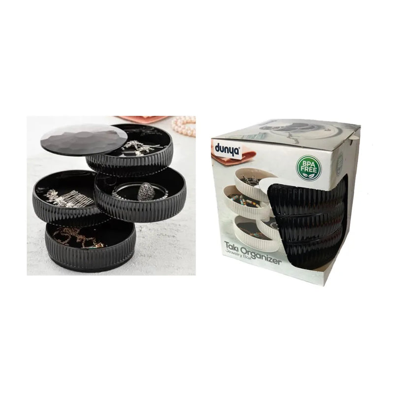 Taki Round 4 Tier Plastic Jewellery Accessory Organiser Ribbed Design Black