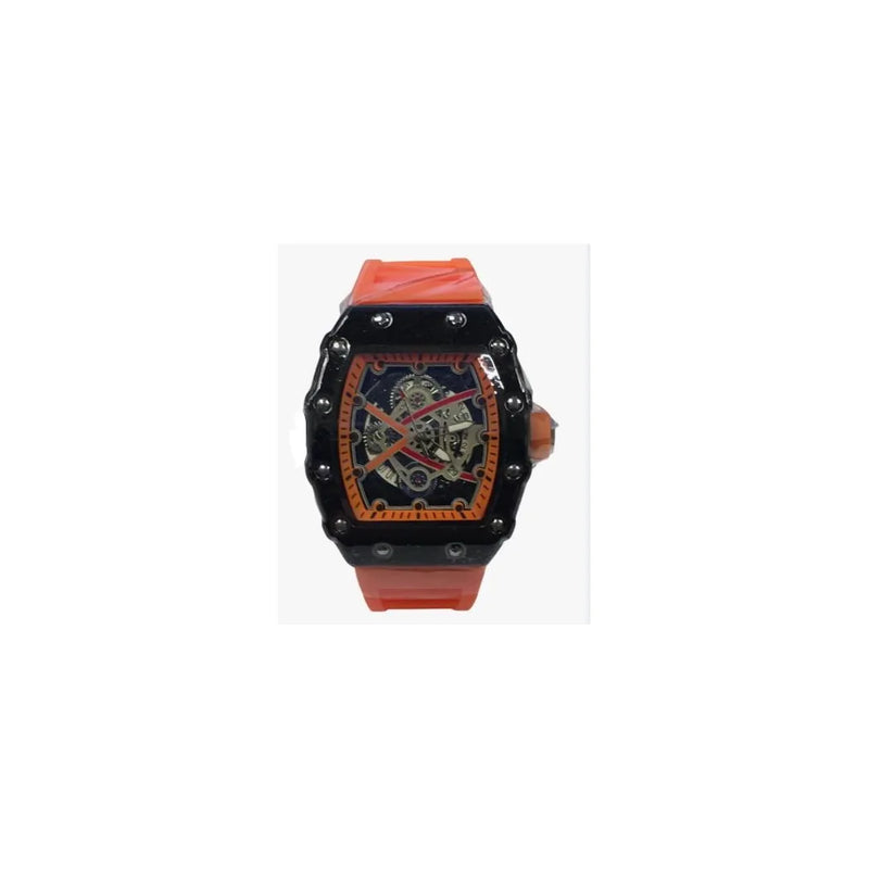 New Rubber Gents Black Screw Fashion Quartz Movement Dated Skeleton Clear Dial Orange Rubber Strap Watch