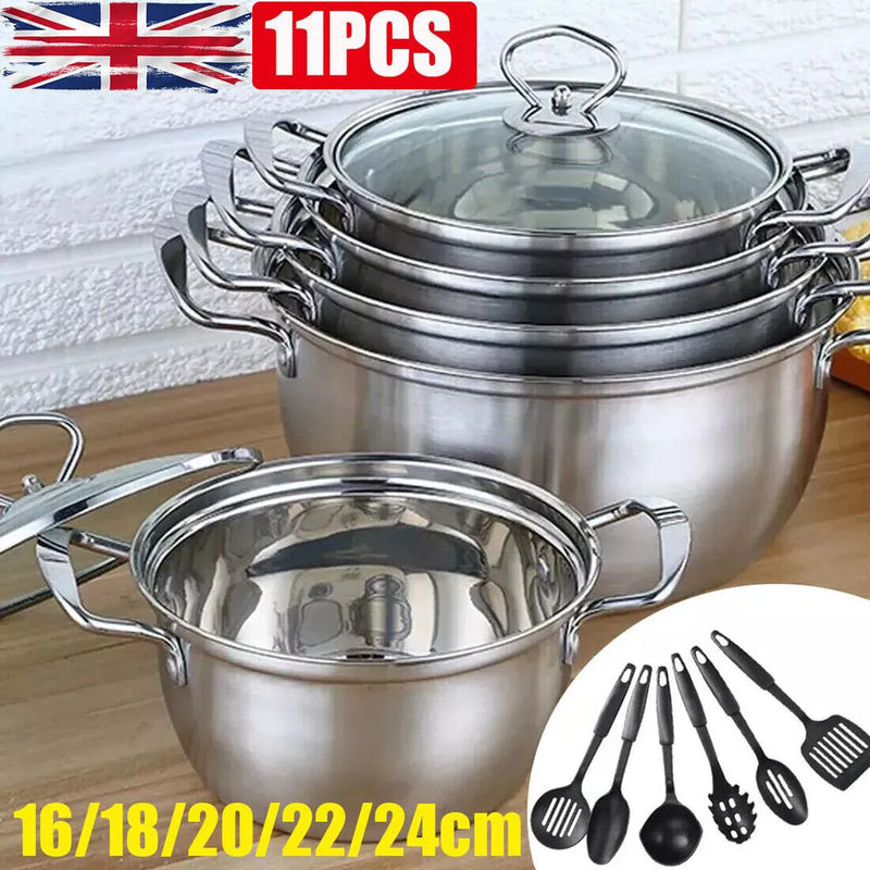 11PCS Induction Non Stick Stainless Steel Cookware Cooking Pot Pan With Lids Se