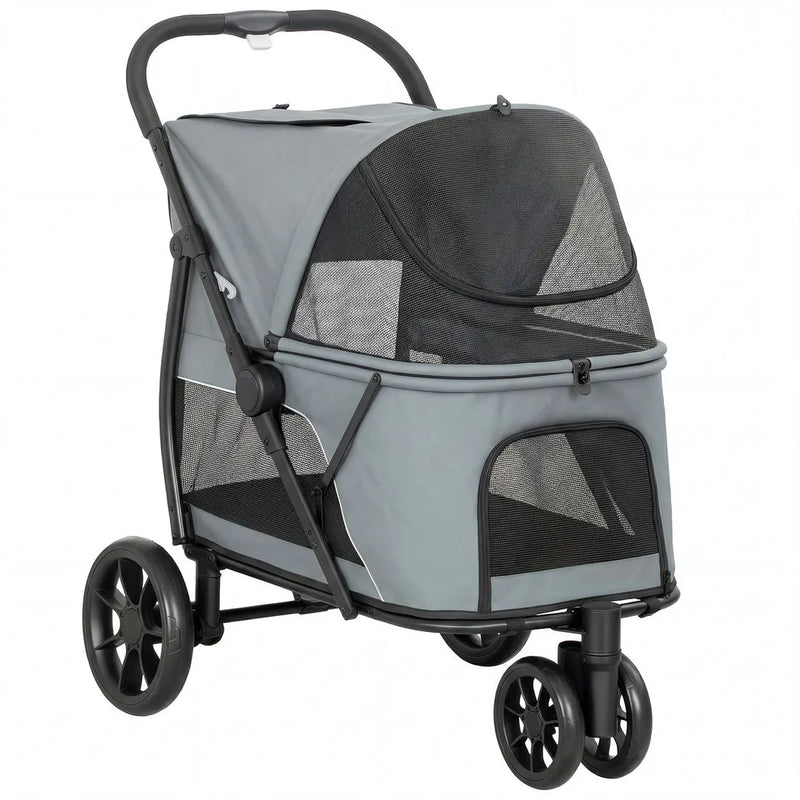 PawHut Dog Stroller, 3 Wheels Pet Stroller with Dual Entry, Easy One-Click Quick Fold, Mesh Windows, Washable Cushion
