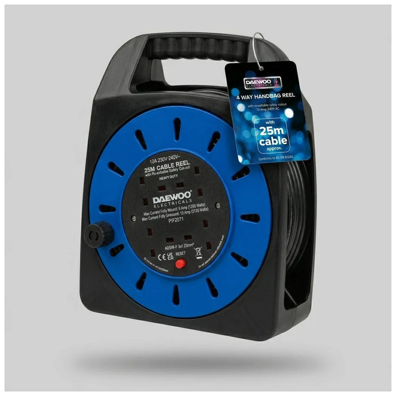 4 Gang E x tension Reel With 25 Metre Cable – Heavy Duty Handbag Reel