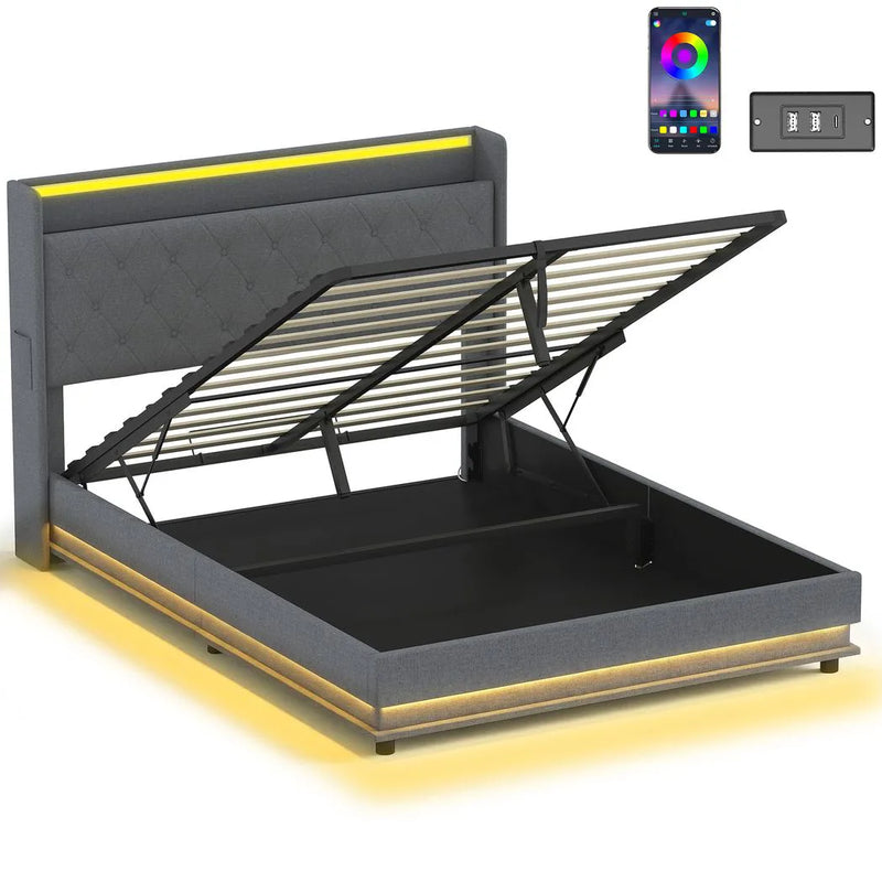 HOMCOM 5ft King Bed Frame with Headboard, Platform Bed Frame with Hydraulic Storage, LED Lights and Charging Station, Grey