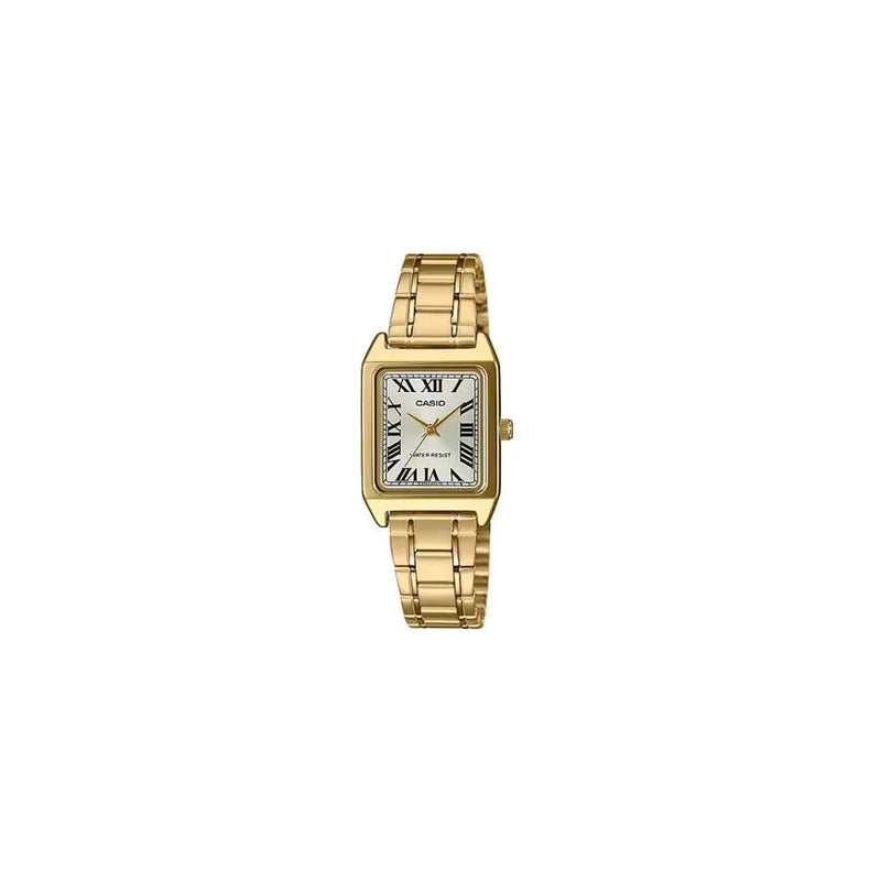 Casio Ladies Basic Water resistant Roman Number Golden Analogue Rectangle Dial Golden Stainless Steel Band Dress Watch