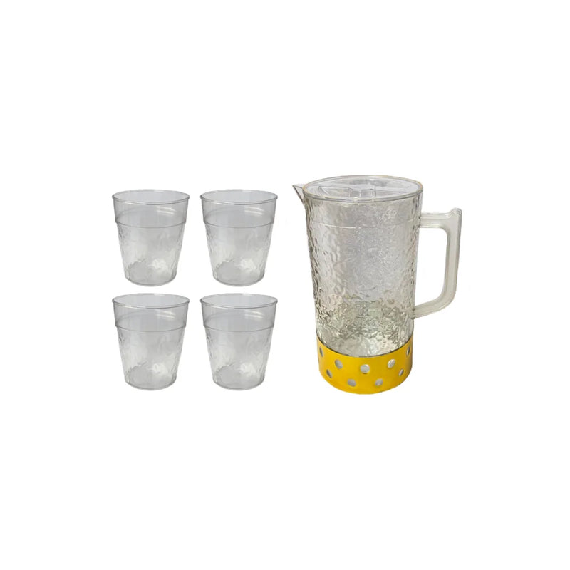 Transparent Plastic Te x tured Water Juice Pitcher Jug With 4 Cups Assorted Colours