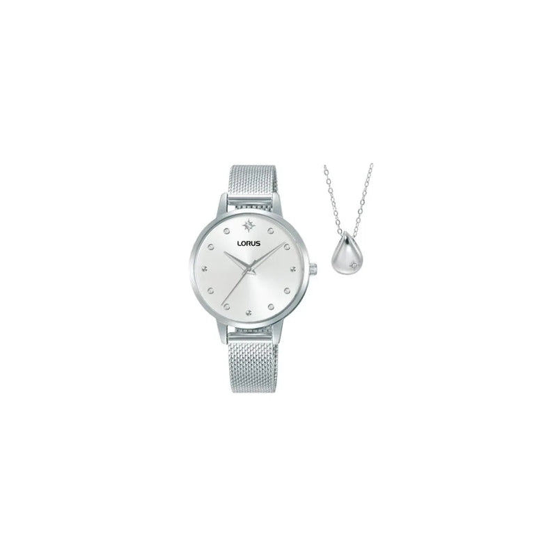 Lorus Ladies Teardrop necklace Bling Silvertone Sunray dial Silvertone Twin Stainless Steel Bracelet Watch Gift Set