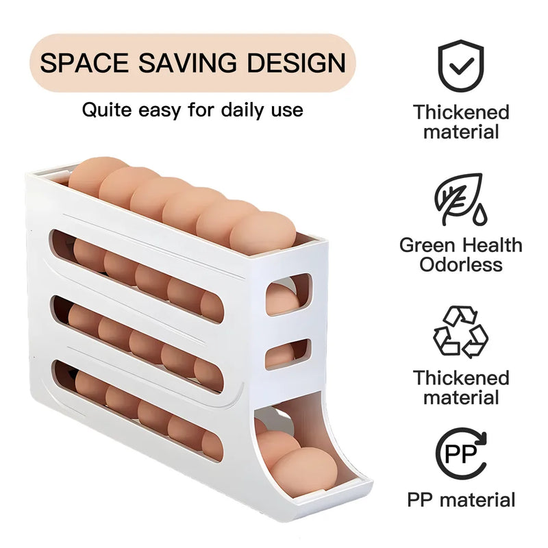 4-Tiers Auto Rolling Egg Dispenser, Space-Saving Egg Holder for Fridge and Countertop, Durable Plastic Kitchen Egg Organizer