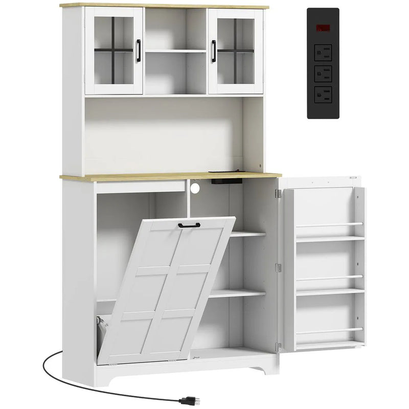 HOMCOM 175cm Tall Kitchen Cabinet, Kitchen Cupboard with Rubbish Bin Cabinet, 3 Door Shelves and 2 Acrylic Doors, White