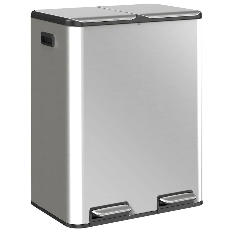 HOMCOM 2 x 30L Double Kitchen Bin, Stainless Steel Pedal Rubbish Bin with Dual Compartments, Soft Close Lids, Silver Tone
