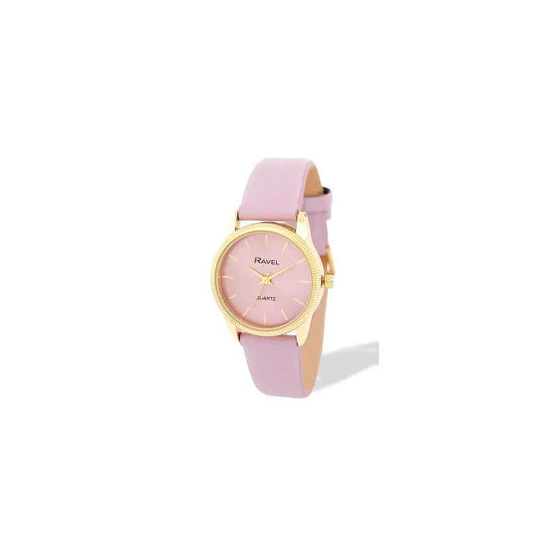 Ravel Ladies Fashion Round Golden Textured Case Dial with Purple Leather Strap Watch