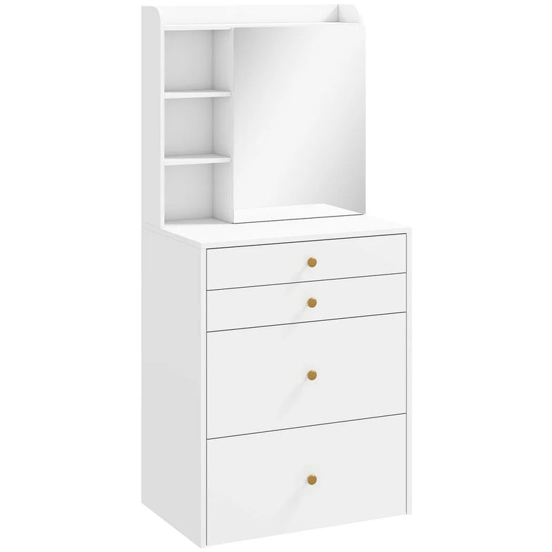 HOMCOM Dressing Table with Mirror and Mobile Storage Stool, Compact Vanity Table with Cabinet, Drawers, Open Shelves, White