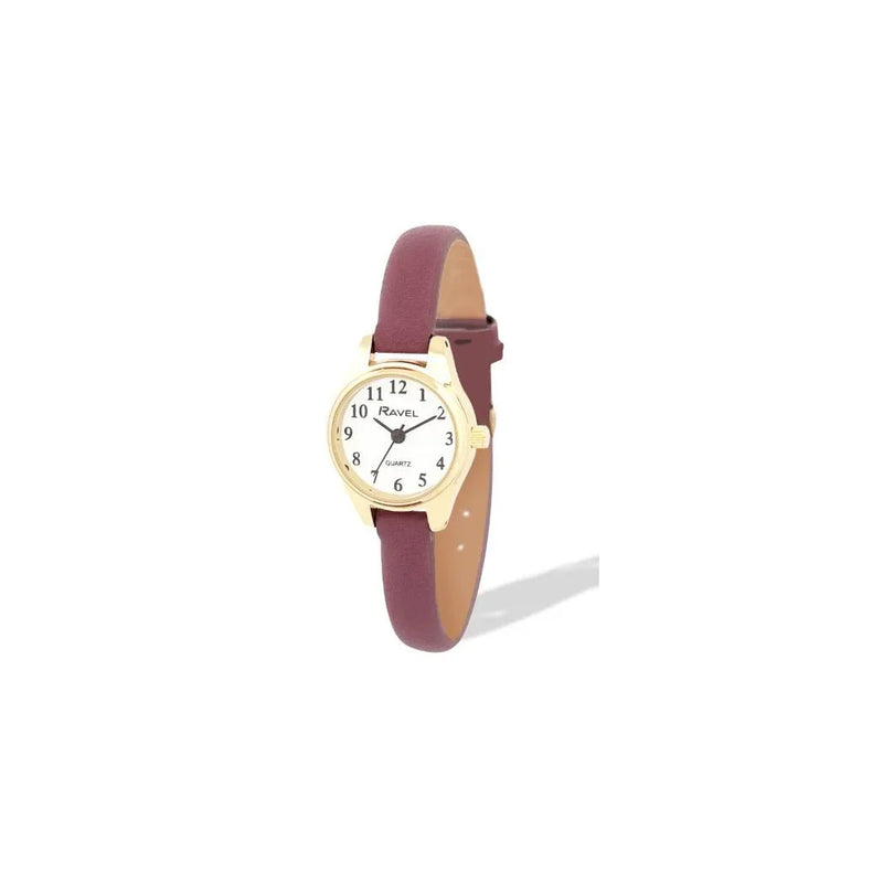 Ravel Ladies Round Petite Gilt Case Clear Numeral with Brown Leather Strap Watch