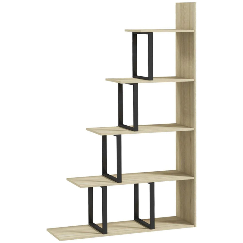 HOMCOM 5-Tier Bookcase, Wooden Ladder Bookshelf Display Stand, Oak