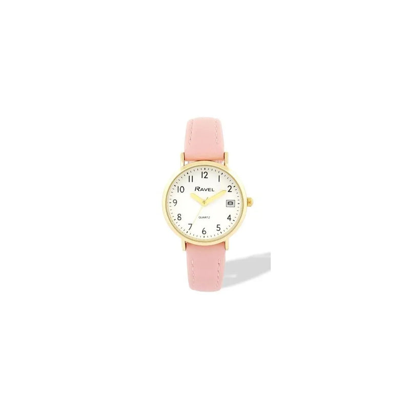 Ravel Ladies Basic Golden case Dated White Dial With Pink Faux Leather Strap Watch