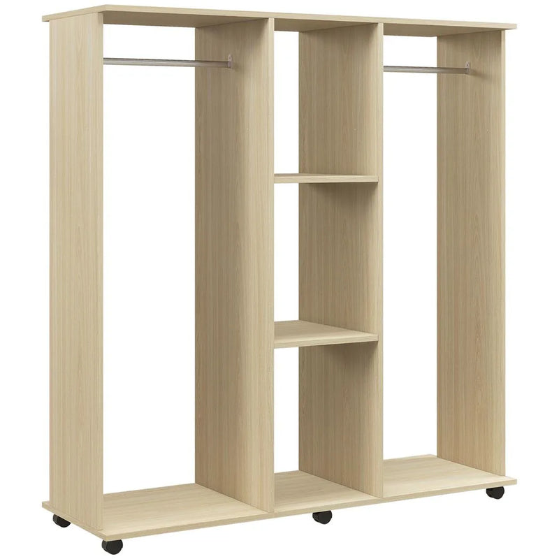 HOMCOM Open Wardrobe Double Mobile Storage Shelves Organizer W/6 Wheels-Natural