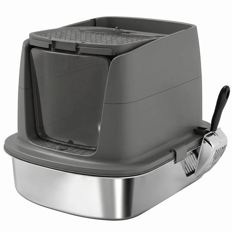 PawHut Large Stainless Steel Litter Box, Enclosed Metal Cat Litter Tray with Scoop, Deodoriser Bag, Front-Entry and Top-Exit