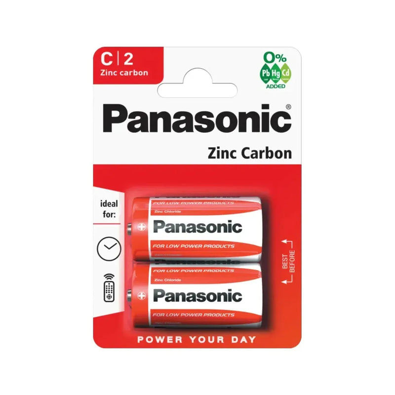 2 x Panasonic C Batteries Zinc Carbon R14 1.5V Battery