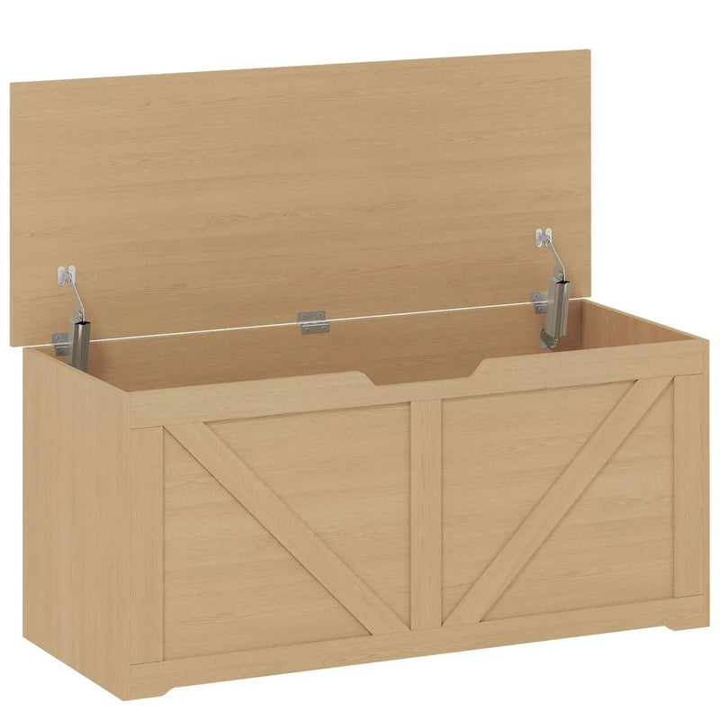 HOMCOM 127L Home Storage Box, with Safety Hinges - Nature Wood Finish