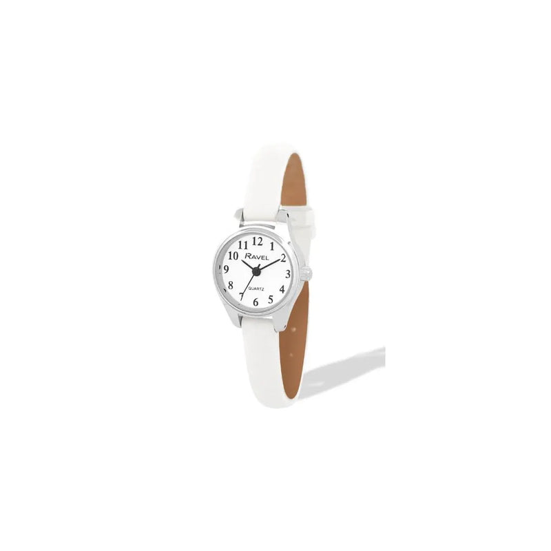 Ravel Ladies Round Petite Silver Case Clear Numeral with White Leather Strap Watch