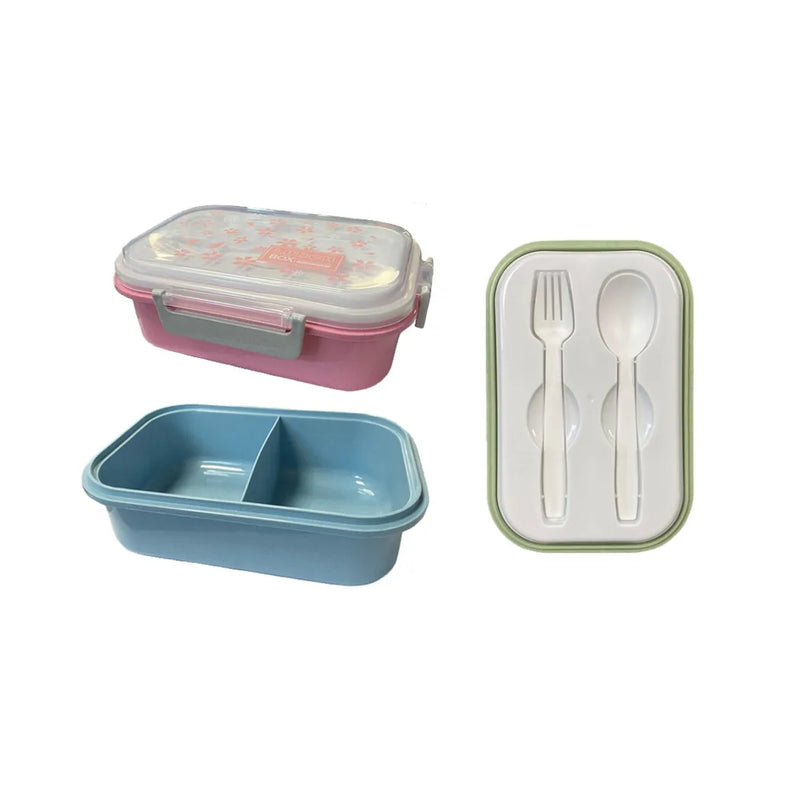 Plastic 2 Compartment Lunch Bo x With Cutlery Assorted Colours