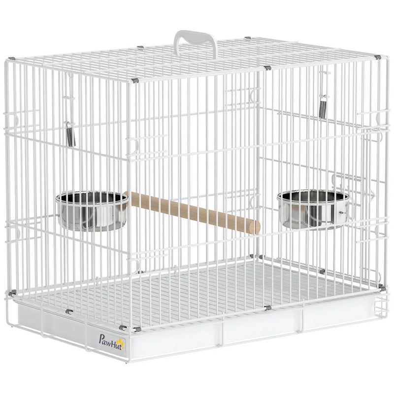 PawHut Bird Cage Foldable Portable Budgie Cage with Wooden Perch 2 Bowls for Travel 49 x 31 x 40 cm White