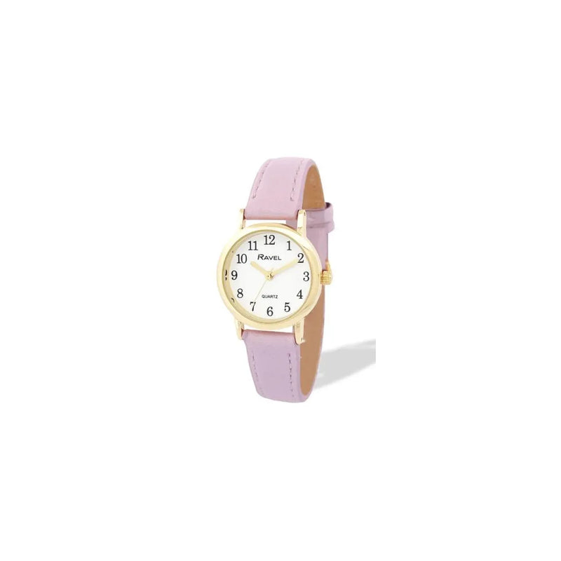 Ravel Ladies Basic Small Gilt Case White Dial Purple Leather Strap Watch