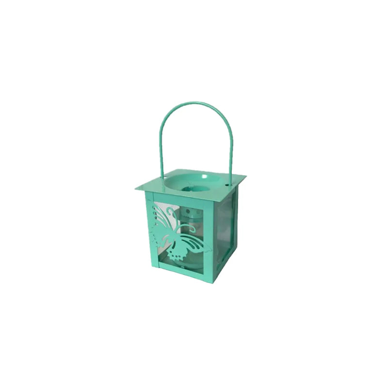 Small Metal Glass Square Garden Lantern Tealight Candle Holder Butterfly Design Assorted Colours (Parcel Plus Rate)