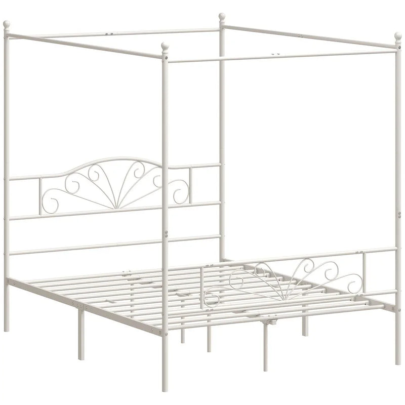HOMCOM Canopy Bed Frame Double Size, Metal Platform Bed Frame with Headboard and Footboard, Underbed Storage, White