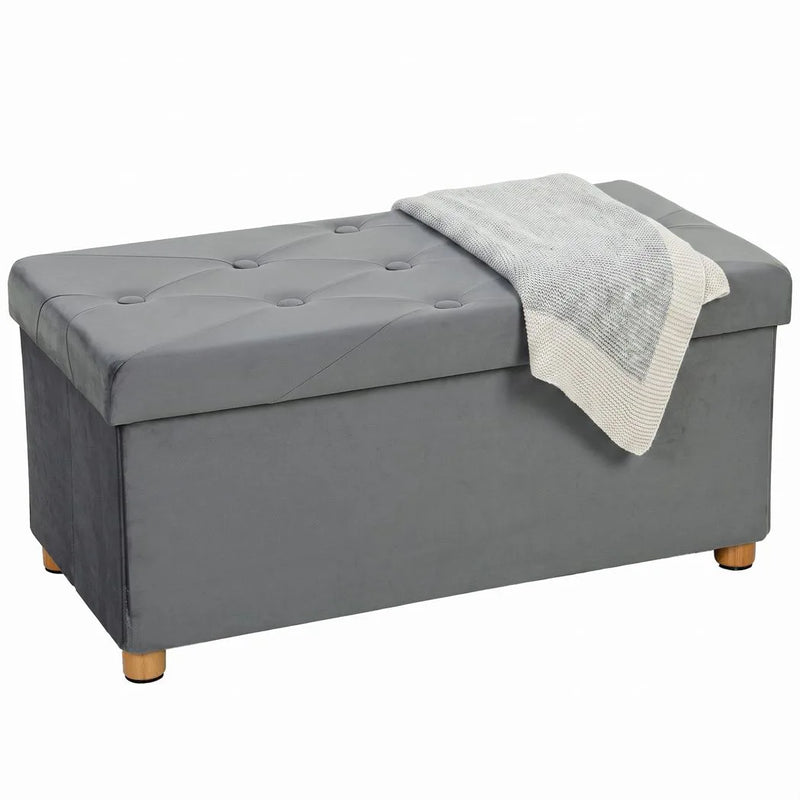 HOMCOM Velvet Upholstered Foldable Ottoman Footrest, Storage Ottoman Bench with Wood Legs for Living Room, Grey