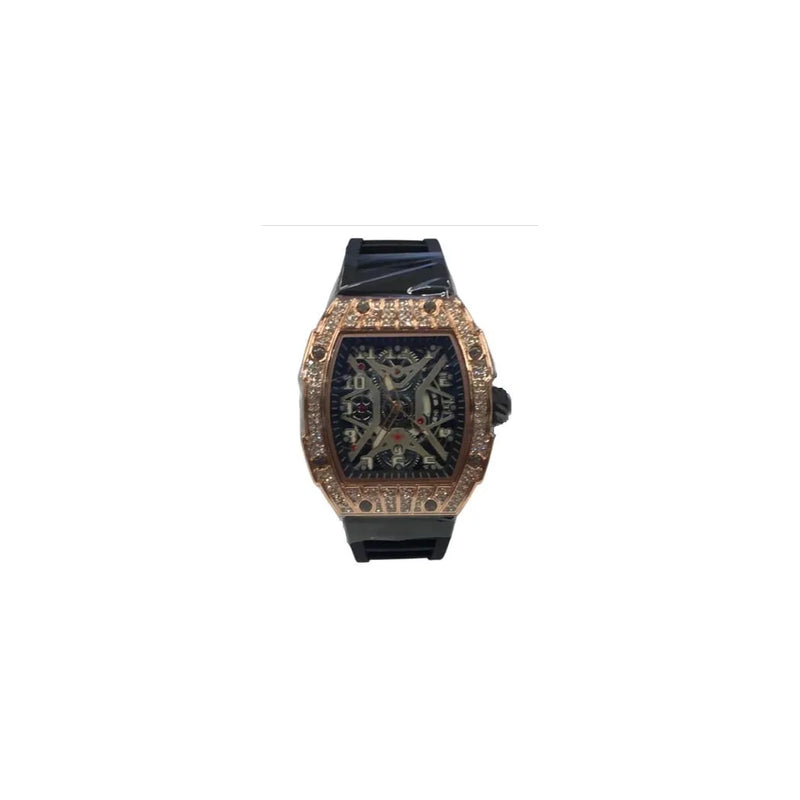 New Rubber Gents Rose Bling Fashion Quartz Movement Skeleton Clear Dial Black Rubber Strap Watch