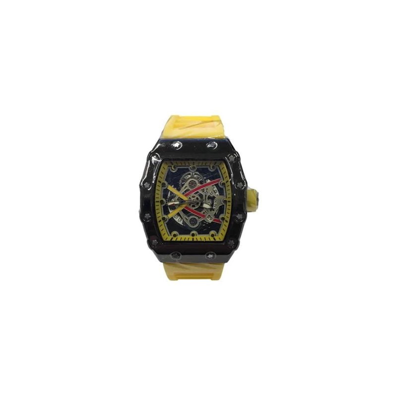 New Rubber Gents Black Screw Fashion Quartz Movement Dated Skeleton Clear Dial Yellow Rubber Strap Watch