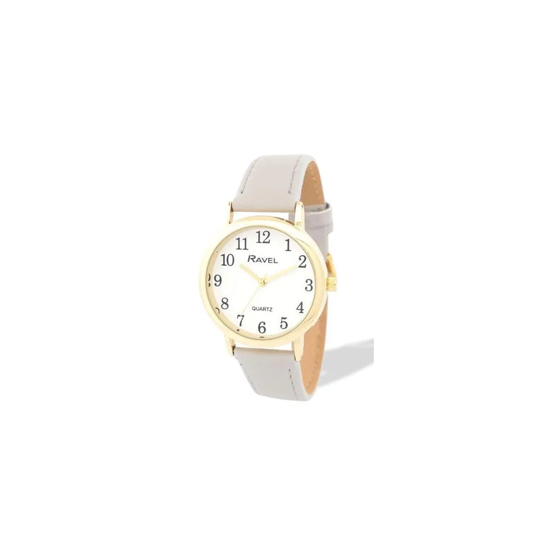 Ravel Ladies Basic Medium Gilt Case White Dial Grey Leather Strap Watch
