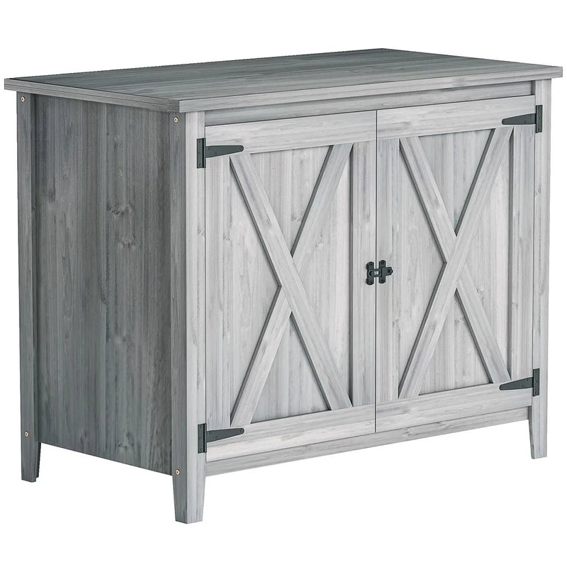 Outsunny Wooden Garden Shed, Outdoor Fir Wood Storage Shed with Shelf and Double Doors, Light Grey