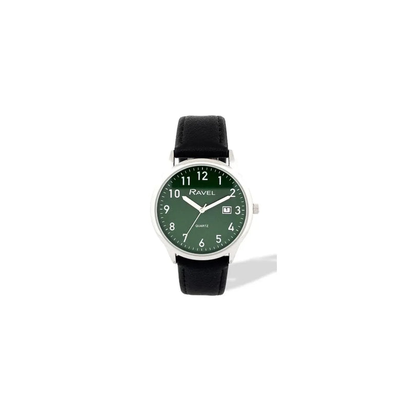 Ravel Mens Basic Silver case Dated Green Dial With Black Faux Leather Strap Watch