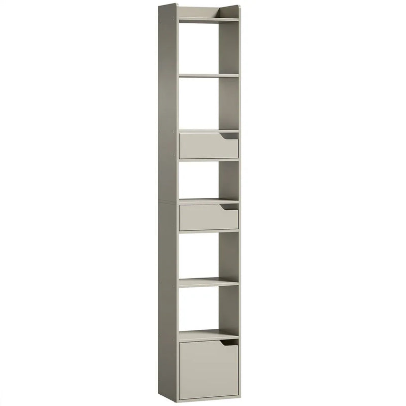HOMCOM Bookcase Tall Narrow with 5 Tiers and Drawers Freestanding Bookshelf Storage Cabinet for Living Room Grey