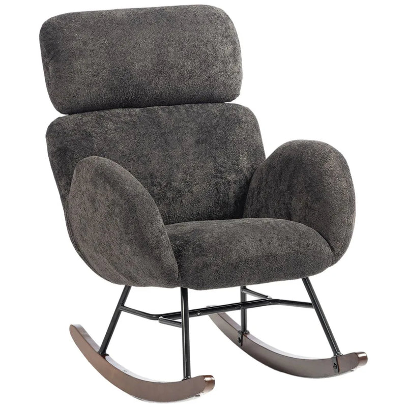 HOMCOM Upholstered Rocking Chair Adjustable Headrest Rocker Chair Raindrop Velvet Rubberwood Base Dark Grey