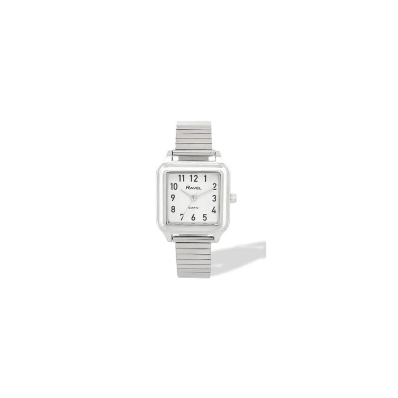 Ravel Ladies Basic Easy Read Square White Dial Silver Stainless Steel Expander Bracelet Watch