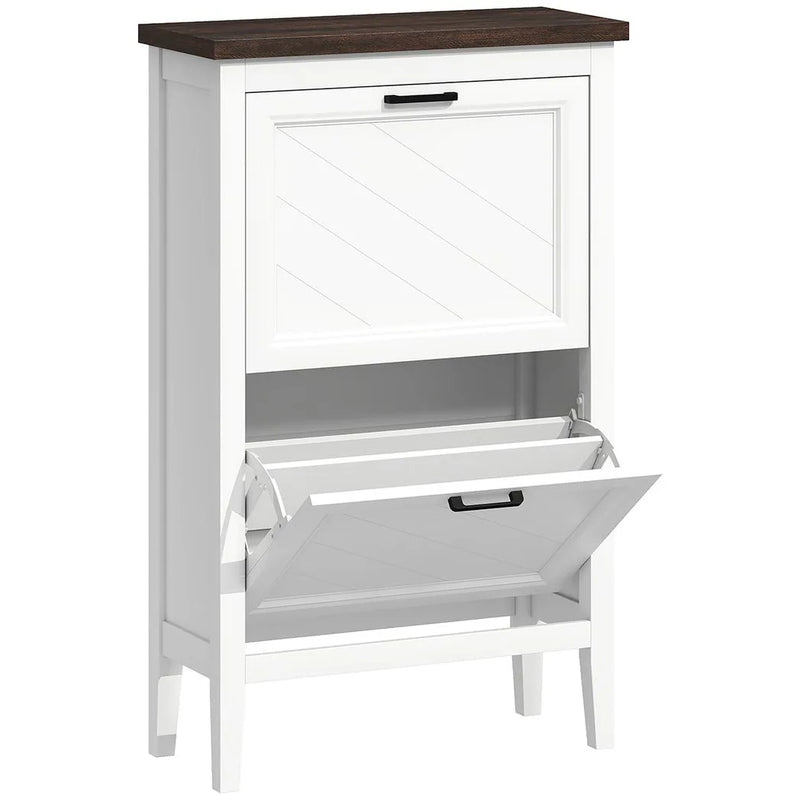 HOMCOM Shoe Cabinet with 2 Flip Drawers, Farmhouse Narrow Shoe Storage Cabinet with Adjustable Shelves, White