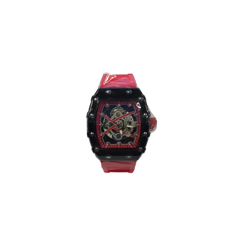 New Rubber Gents Black Screw Fashion Quartz Movement Dated Skeleton Clear Dial Red Rubber Strap Watch