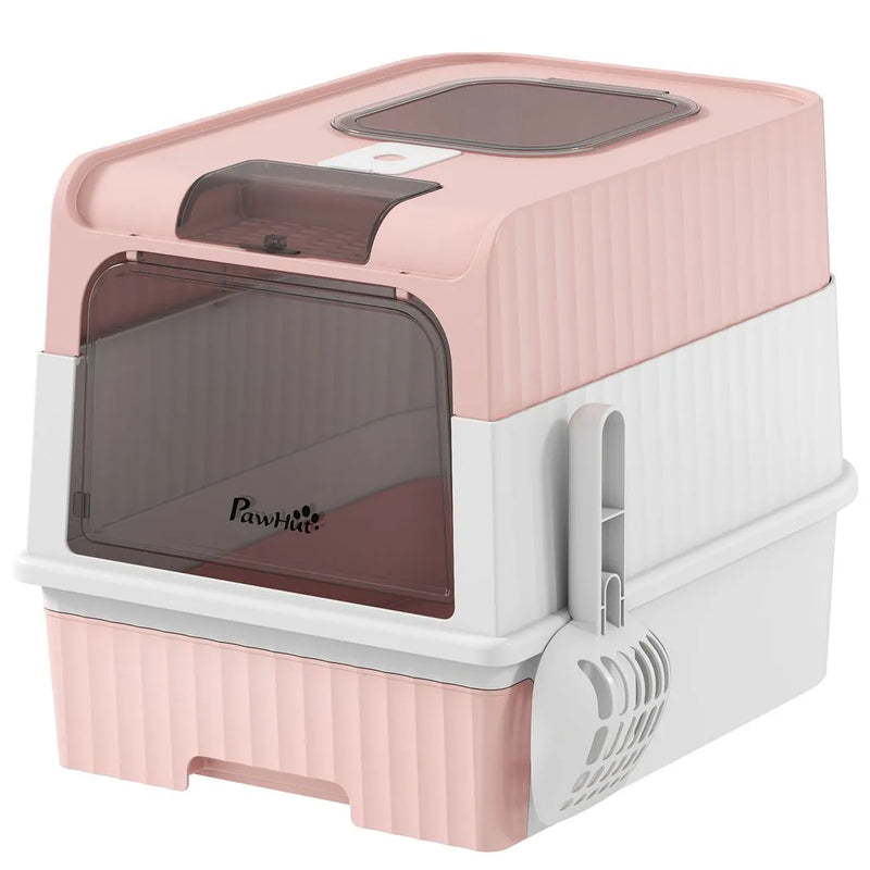 PawHut Enclosed Cat Litter Box with Lid, Pull-Out Drawer Tray, Scoop, 2 Deodorisation Bags, Front Entry & Top Exit, Pink