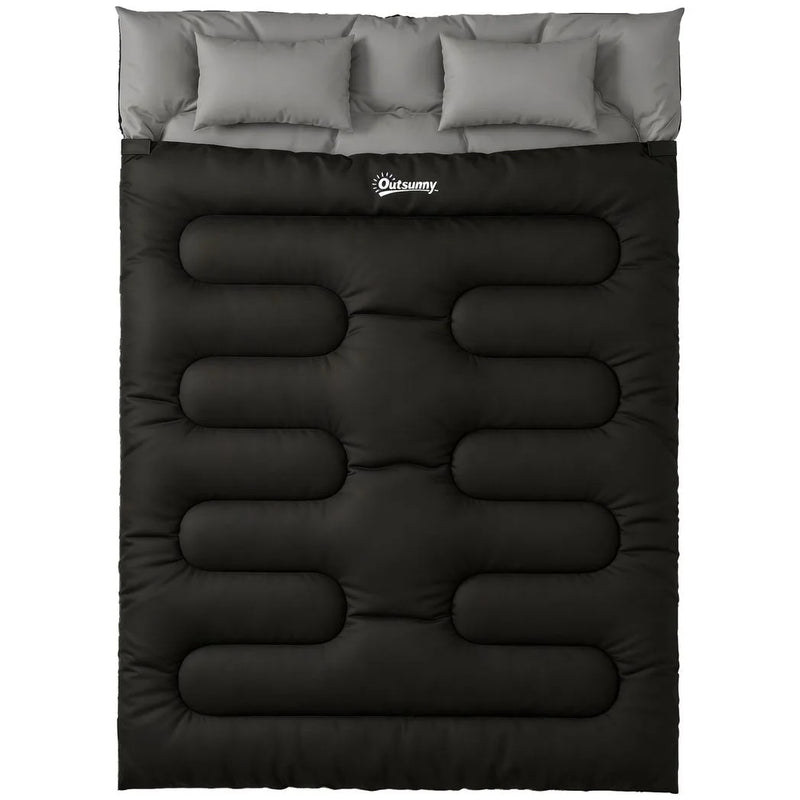 Outsunny Double Sleeping Bag with 2 Pillows, 220 x 160 cm Extra-Large Sleeping Bag for Adults, Black