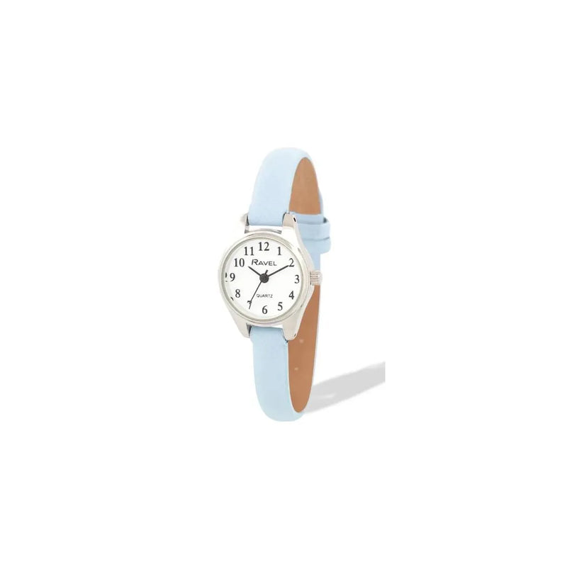 Ravel Ladies Round Petite Silver Case Clear Numeral with Light Blue Leather Strap Watch