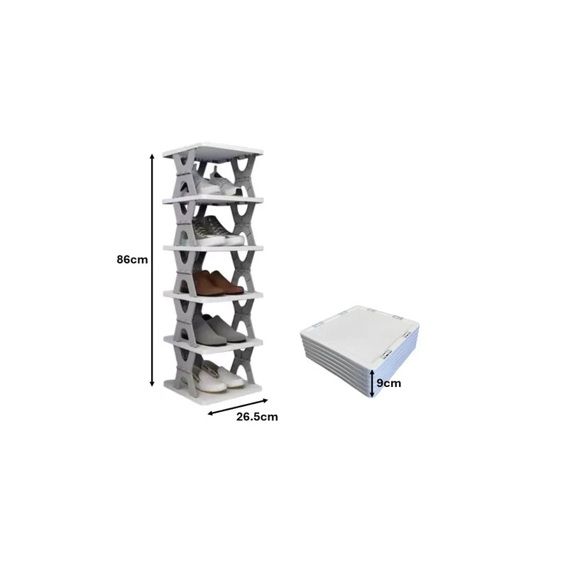 Foldable Collapsible Plastic Shoe Shelf Storage Rack 6 Tier Assorted Colours