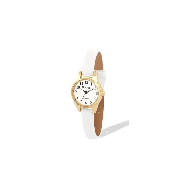 Ravel Ladies Round Petite Gilt Case Clear Numeral with White Leather Strap Watch