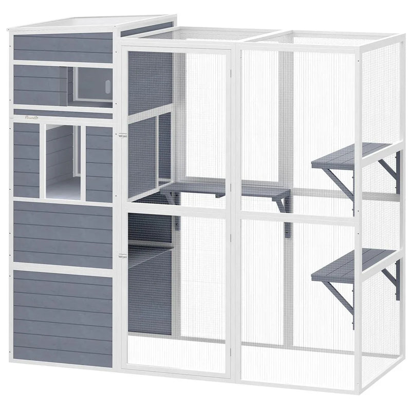 PawHut 4-Tier Wooden Catio Cat Outdoor Enclosure with Sun Roof, Resting Rooms, 3 Platforms, Window Outdoor Indoor, Grey
