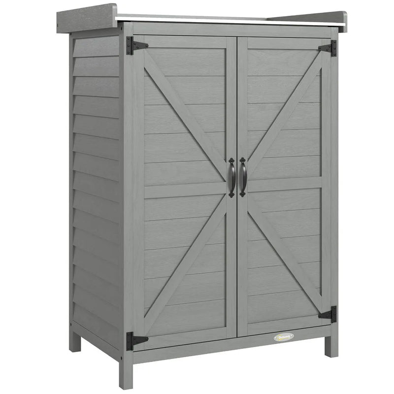 Outsunny Wooden Garden Shed, Garden Tool Storage Shed with Shelf and Side Hooks, 71.5 x 39 x 95 cm, Grey