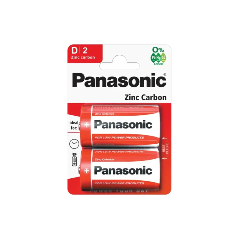 2 x Panasonic D Batteries Zinc Carbon R20 1.5V Battery