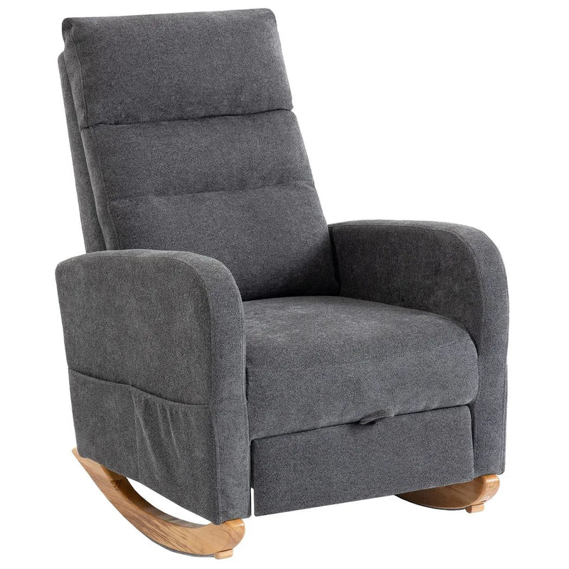 HOMCOM Upholstered Rocking Chair Retractable Footrest Rocker Chair High Back for Living Room Grey