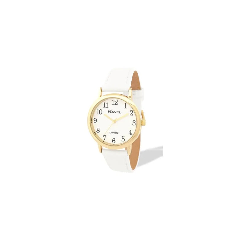 Ravel Ladies Basic Medium Gilt Case White Dial White Leather Strap Watch