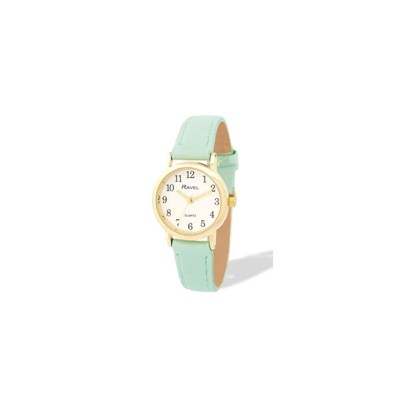 Ravel Ladies Basic Small Gilt Case White Dial Green Leather Strap Watch